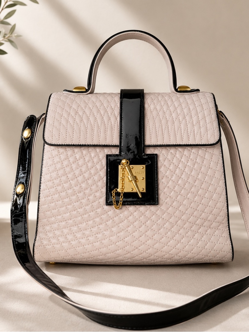 Bally Quilted Lambskin Leather Top Handle Satchel | Taupe & Black | Vintage
